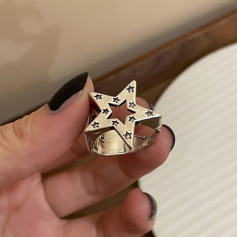 Y2K Style Crystal Pentagonal Star Ring for Women Romantic Moon Hollowed Out Star Personality Metal Finger Rings Fashion Jewelry