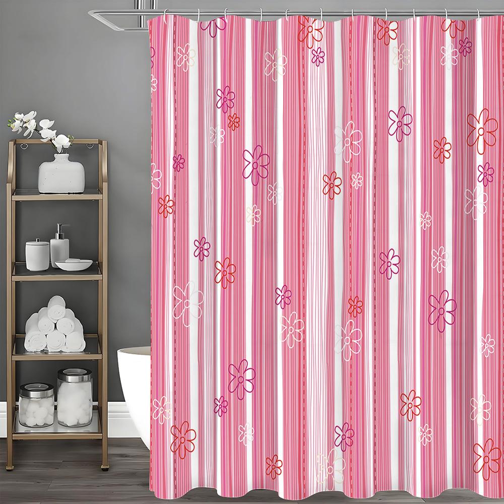

Pink Striped Flowers Shower Curtain Washable Dirt-Resistant Shower Head Waterproof Polyester Bath Curtain For Home Decor W60H190(CM)-1 Pcs