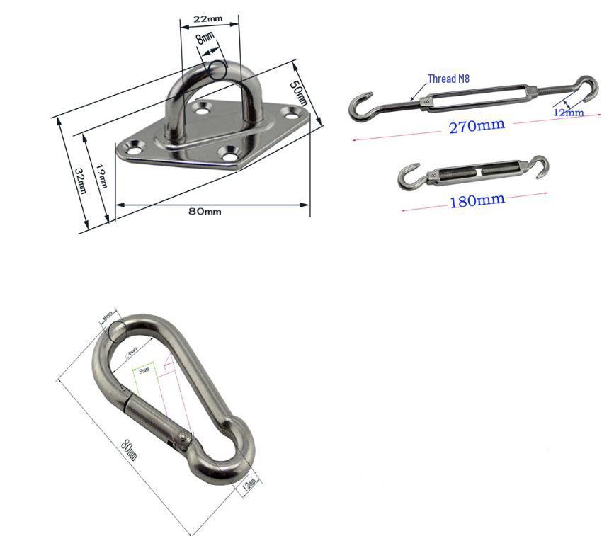 Stainless Steel Sun Shade Sail Hardware Kit: Latch, Turnbuckle, and Square Diamond Buckle