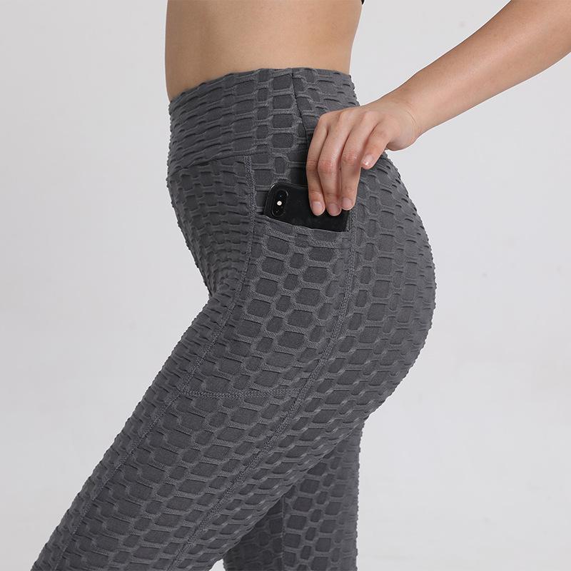 Leggings, Peach-Coloured Workout Trousers, High-Waisted Butt-Lifting Leggings, Pocketed Jacquard Bubble Yoga Trousers