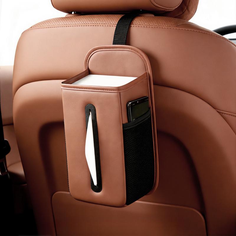 Car Seat Side Tissue Holder with Storage Pouch Leather Auto Driver Seat Hanging Organizer Mesh Phone Storage Pocket Napkin Box