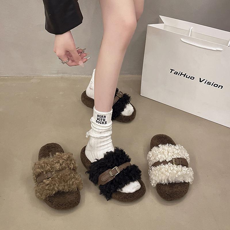 Moda 2025 Zapatos de Deslizamiento de Piel de Cordero de Lujo para Mujer Suela Gruesa Cinturón con Hebilla Zapatilla de Felpa Sandalias Mula con Plataforma de Pelo Rizado Teddy para Mujer Invierno