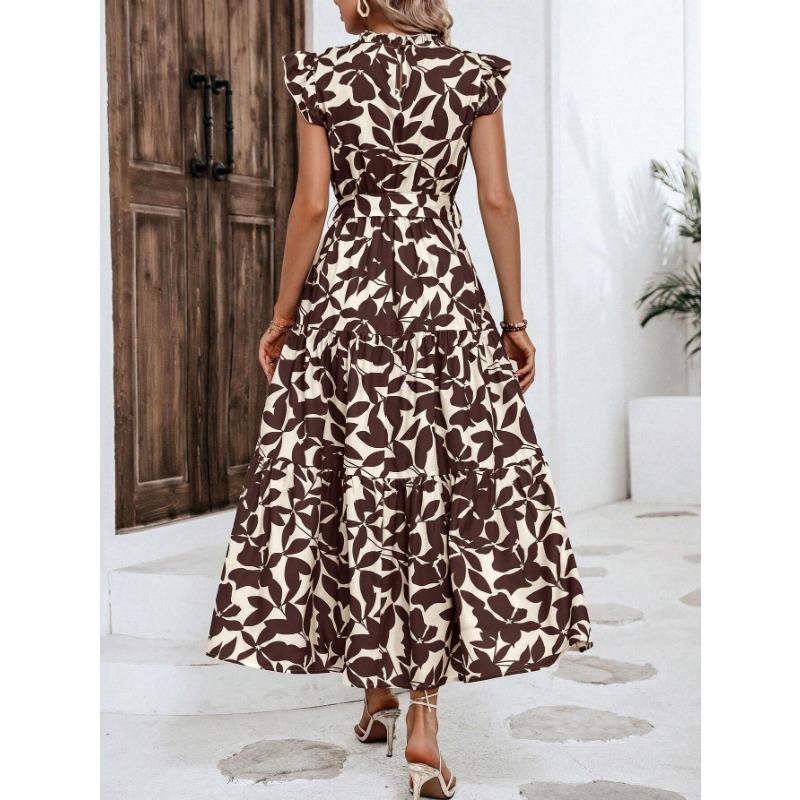 VEZFAA Damenmode Sommer Frühling Blumenmuster Druck Kurzarm Halber Rollkragen Hohe Taille Freizeitkleider