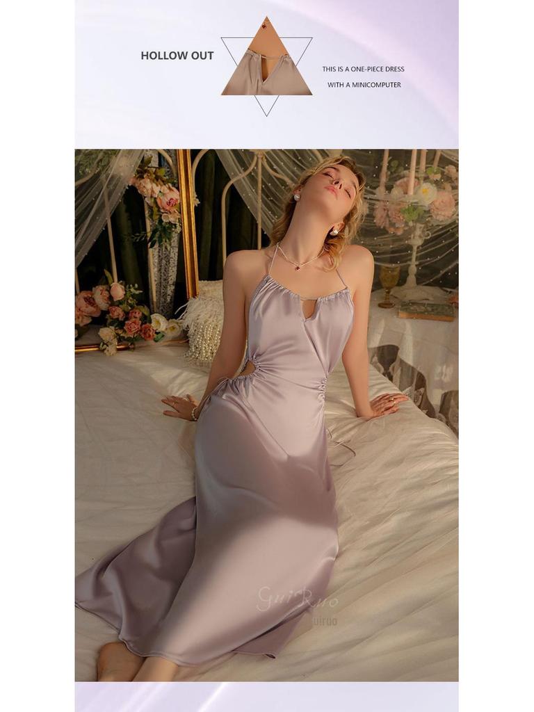 Guiruo Ice Silk Backless Nightdress – Sexy Halterneck Solid Color Pajamas for Spring and Summer (Q2750)
