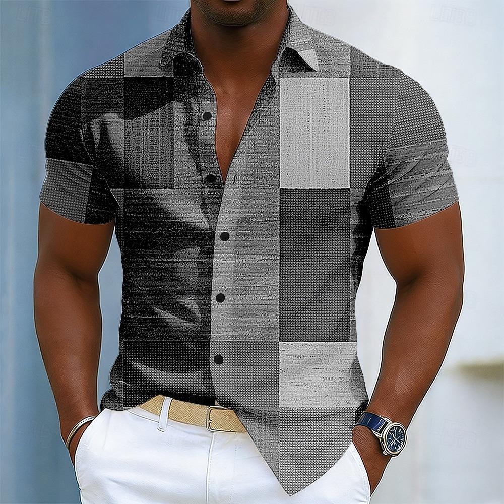 Men's Short Sleeve Turndown Collar Button Up Shirt, Geometric Color Block Patchwork 3D Print Design, Spring & Summer Vacation