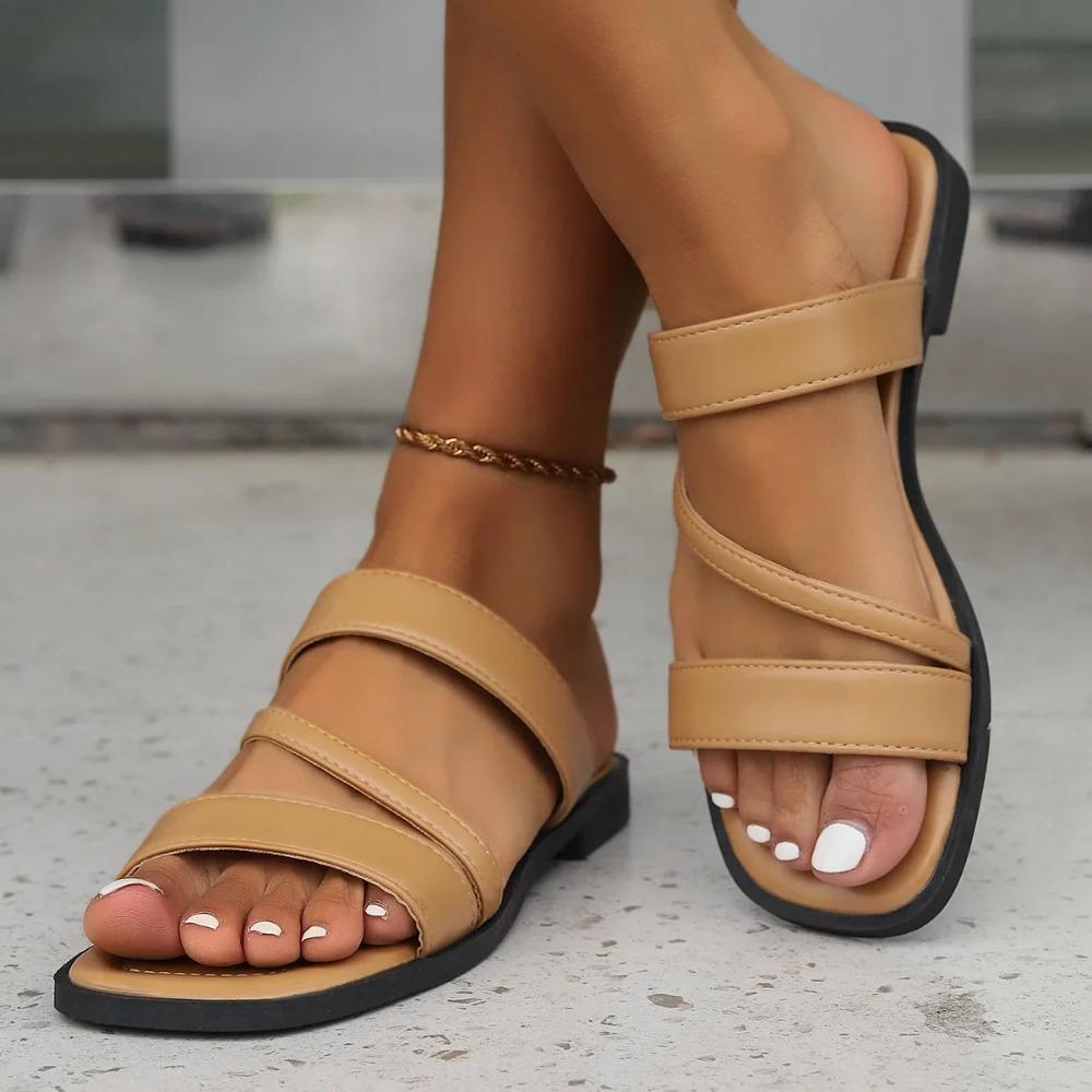 2025 Summer New Women's Flat Platform Slippers Vintage Beach Casual One-Piece Square Head Exposed Toe Simple Roman Slippers