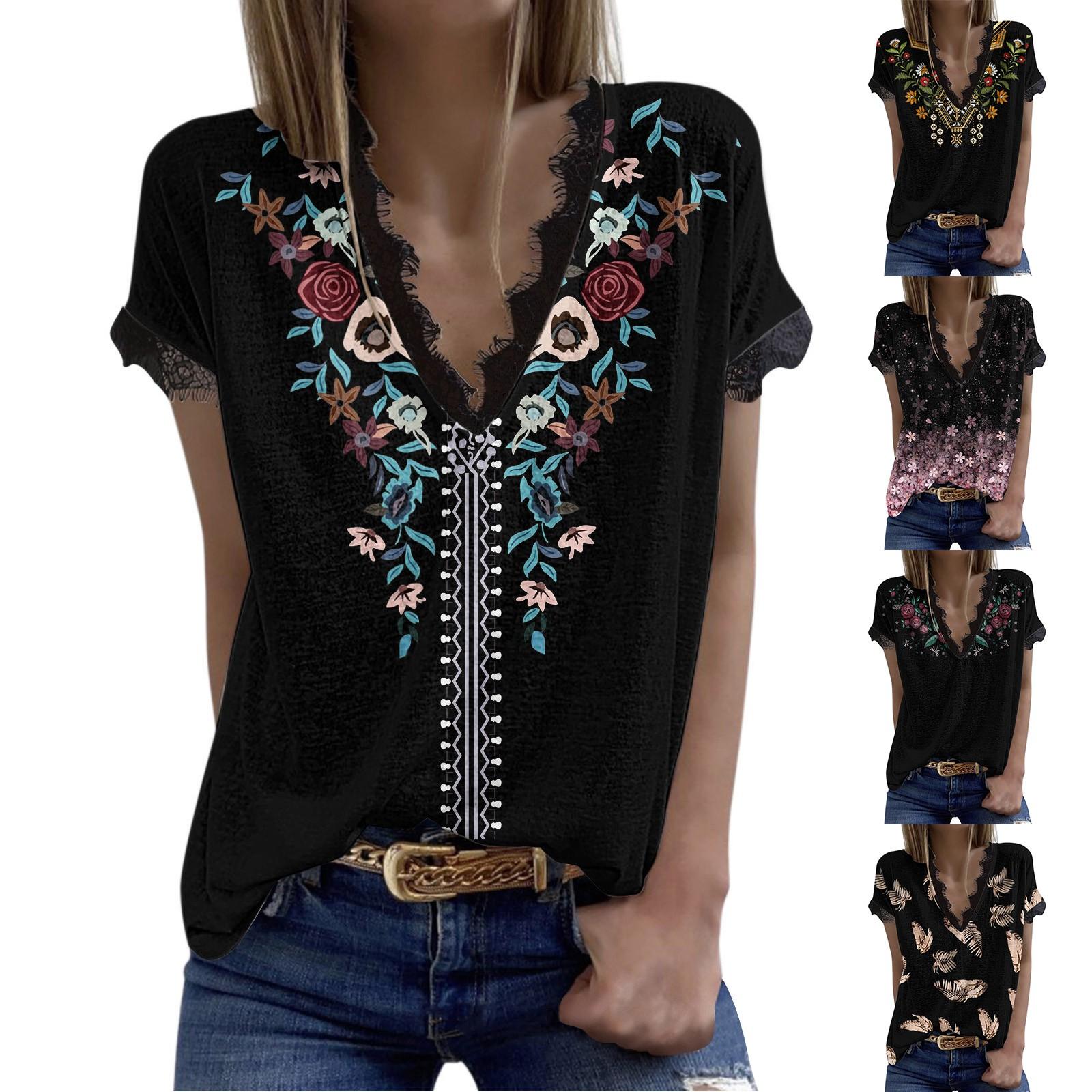 

Женская повседневная свободная кружевная футболка с v-образным вырезом и коротким рукавом с принтом