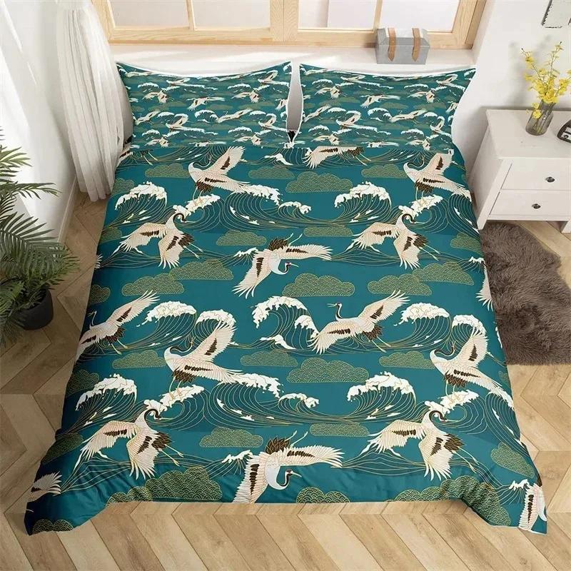 Japanese Ukiyoe Bedding Set White Fox Blossoms Floral Duvet Cover Polyester Galaxy Exotic Animal Comforter Cover Twin Queen Size