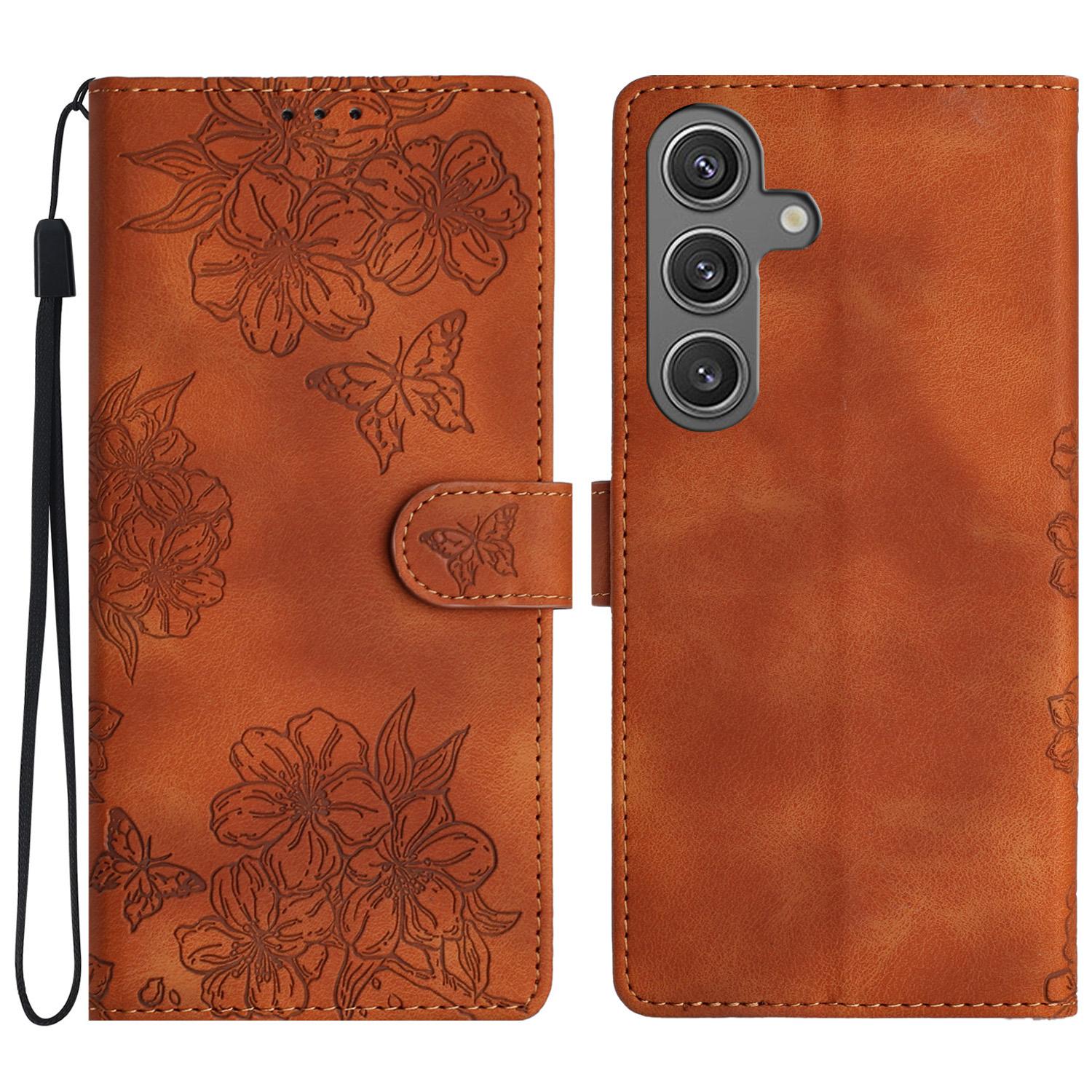 

For Samsung Galaxy S24 FE Case Wallet Leather Flip Phone Cover Skin-touch Butterfly Flower Pattern Brown