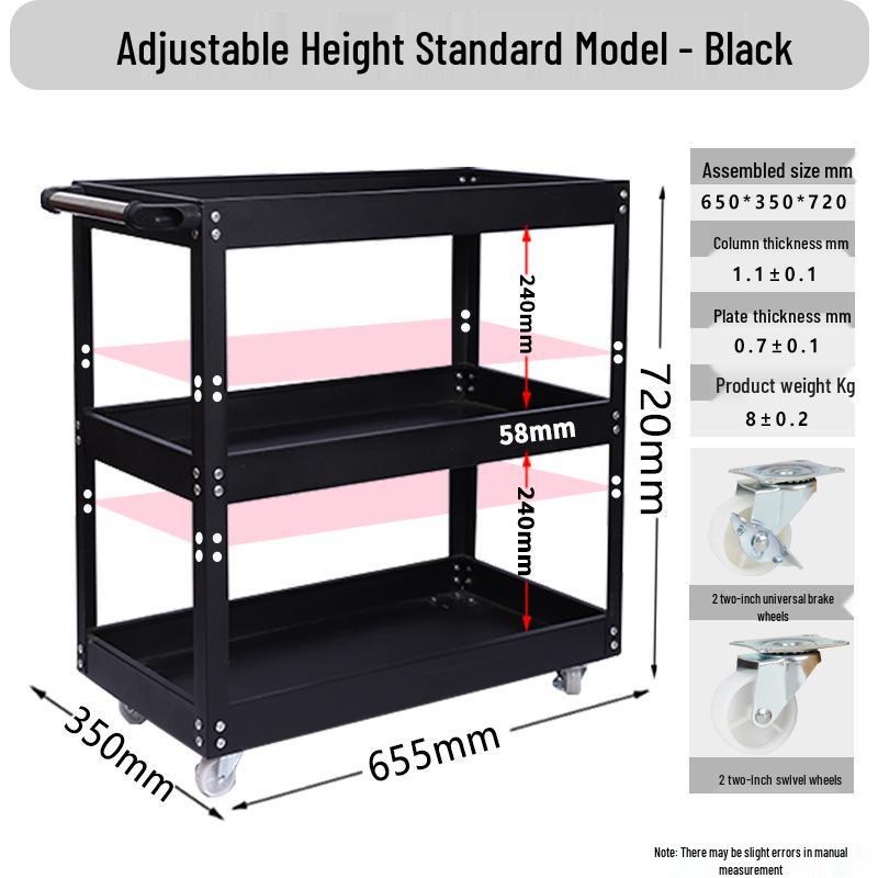 Adjustable 3-Tier Hand-Push Tool Cart for Auto Repair - Multi-Functional Mobile Workshop Storage.