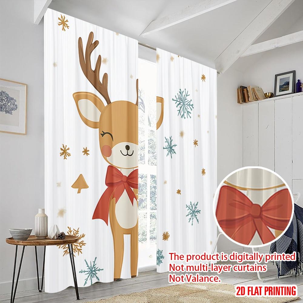 2pcs,2D plane printing Light Filtering Curtains Cute Reindeer Snowflakes Festive Durable Polyester (without rod) Art Deco