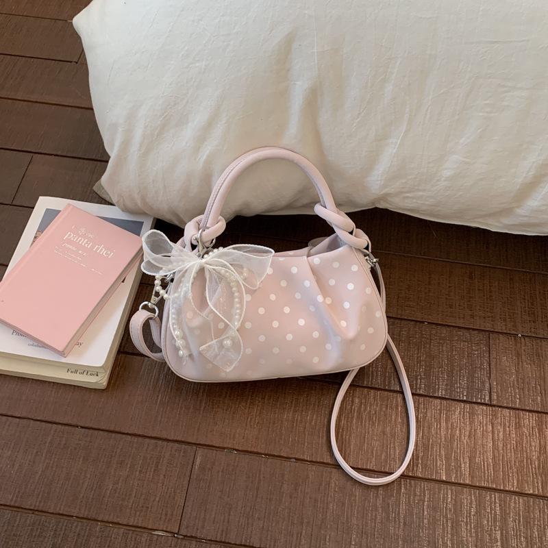 

Korean Retro Polka Dot Handbag Pleated Stylish Pillow Bag Pearl Mesh Bow Charm Magnetic Closure Exquisite Compact Crossbody Bag 22x7x13cm рожевий