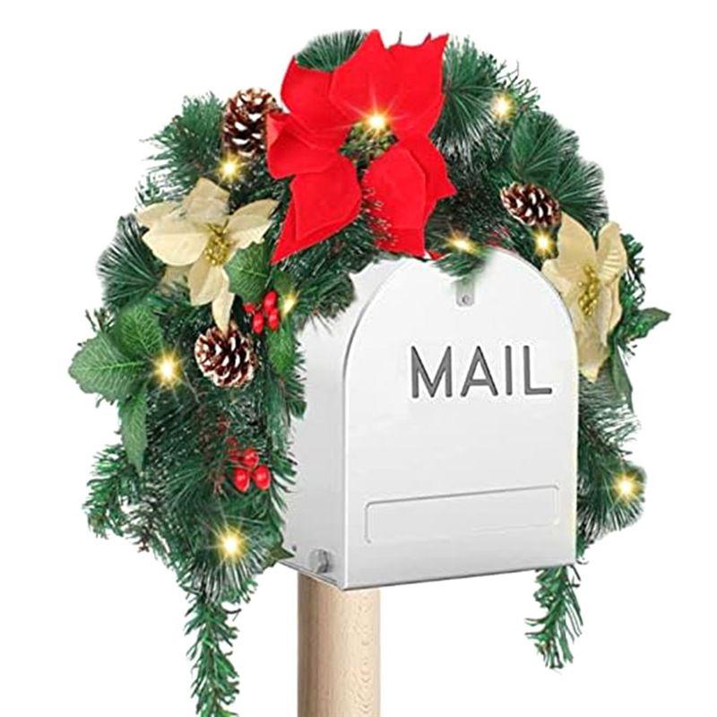 AEE4-Christmas Mailbox With Lights Berry Red Flowers Clusters Pine Cones, Mailbox Christmas Outdoor, Christmas Mailbox Decor