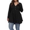 Women's Large Size Casual Solid Color V-neck Buttoned Waist And Large Hem Stitching Long-sleeved Loose T-shirt Top