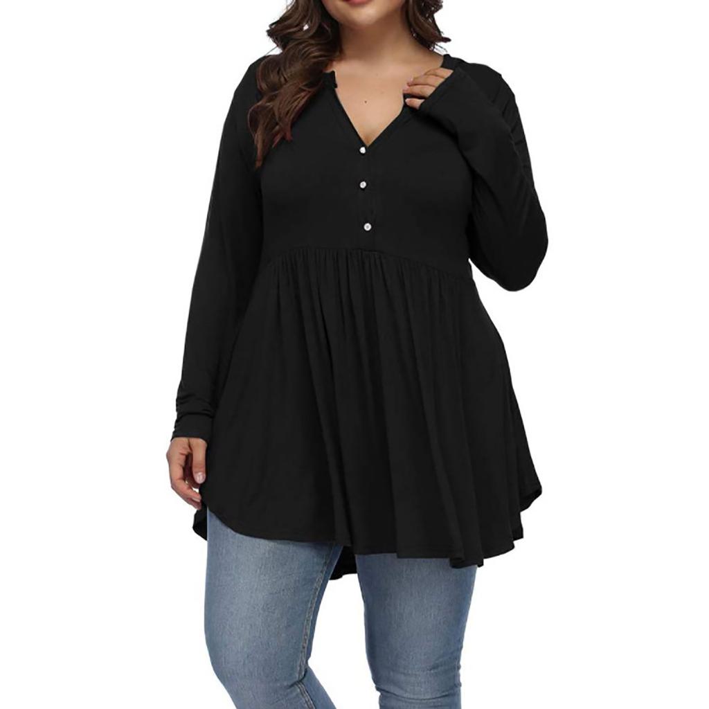 Women's Large Size Casual Solid Color V-neck Buttoned Waist And Large Hem Stitching Long-sleeved Loose T-shirt Top