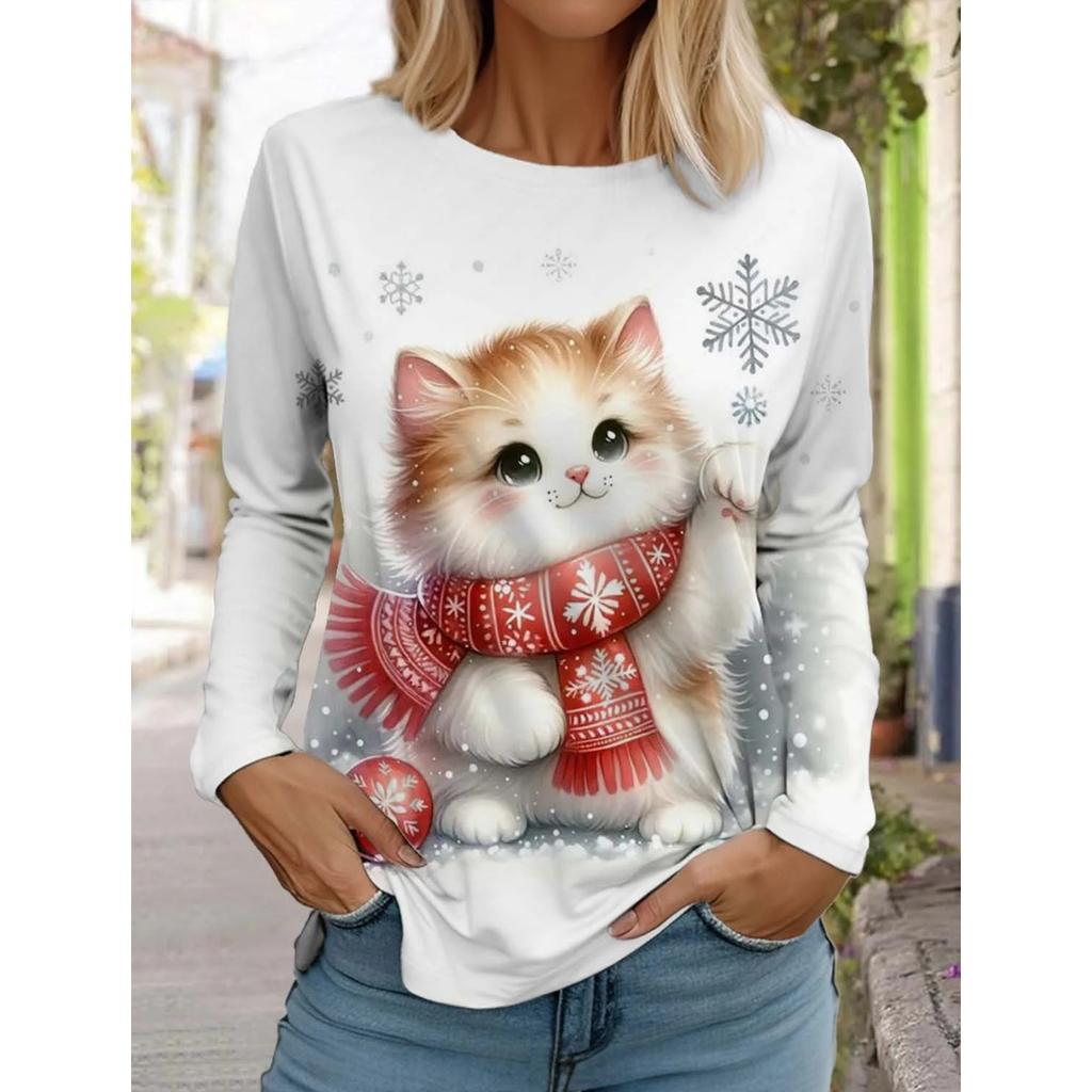 Autumn and Winter Round Neck 3D Christmas Cute Dog Printed Top Fashionable Casual Long Sleeved Women's T-shirts