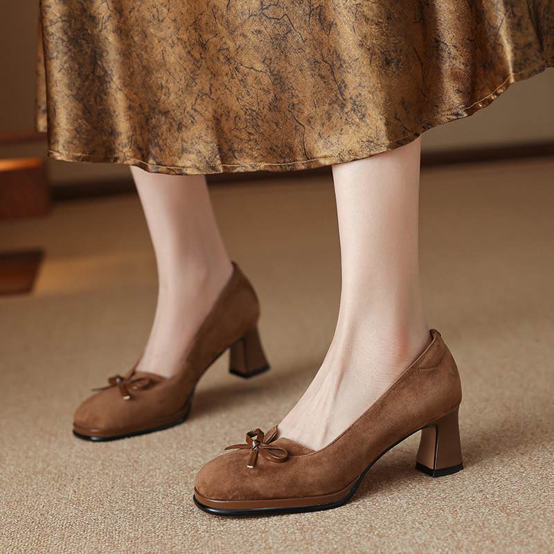 Krazing Pot Suede Round Toe Size 40 High Heels Slip On Platform Butterfly-knot Decoration Casual Autumn Shallow Pumps