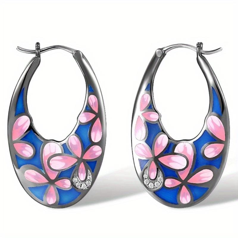 Enamel Pink Flower Silvery Plated Hoop Earrings for Women Exquisite Vintage Party Holiday Daily Jewelry Accessories Gift
