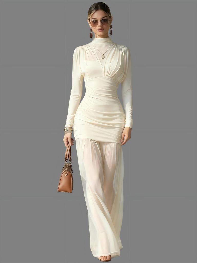 Autumn 2025 European & American Style Long Sleeve Slim Fit Patchwork Chiffon Dress