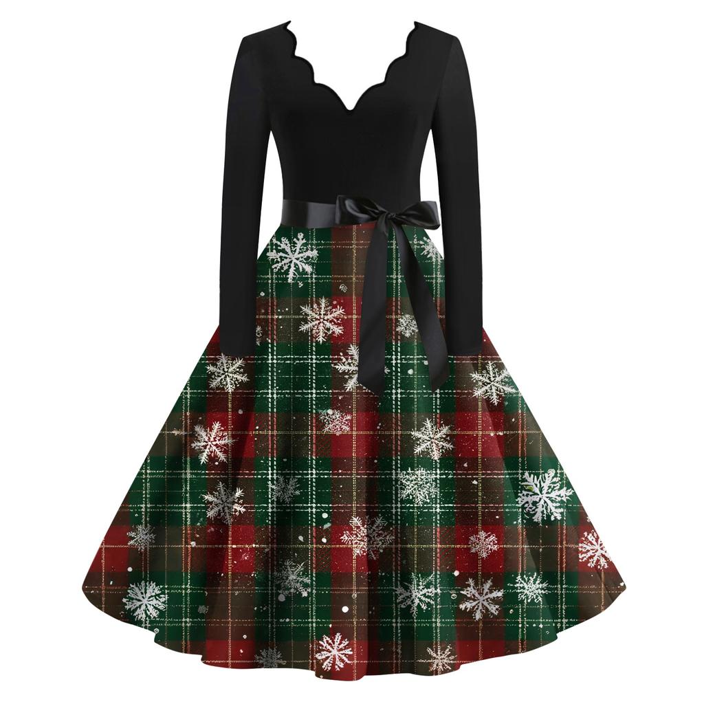 Damen Lässig Und Modisch V-Ausschnitt Langärmlig Weihnachten Bedrucktes Kleid