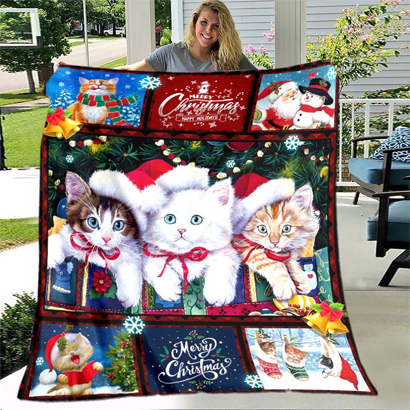 Cozy Christmas Cat Santa Fleece Throw Soft Lightweight Flannel Blanket with Digital Print for Sofa Bed Travel Camping, Gift
