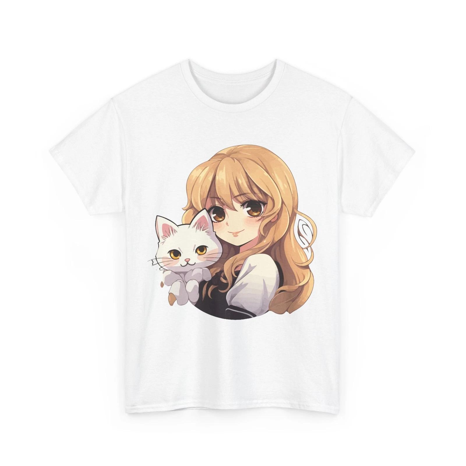 Anime Girl with Kawaii Cat Otaku Japanese Culture Loves Women Girls T shirt L