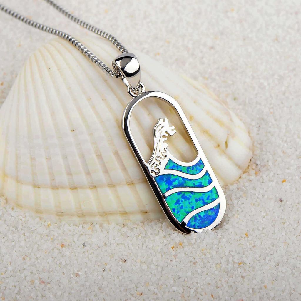 Ins Trendy Copper Hawaiian Blue Opal Wave Sweater Chain Necklace