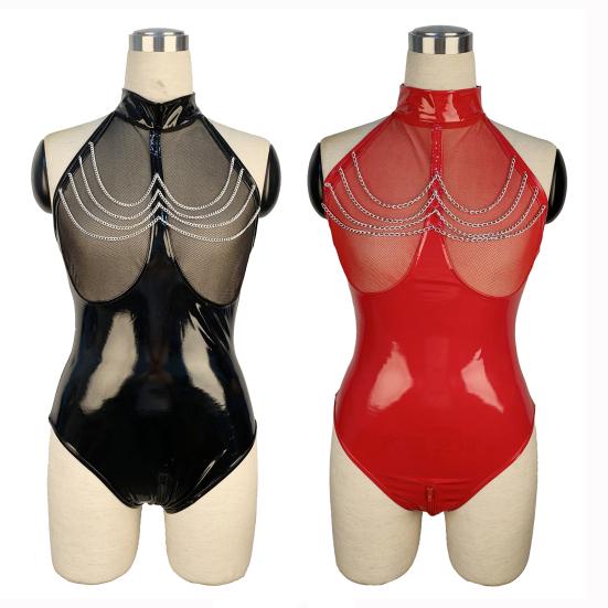 Nadměrná velikost Trendy Pohodlné ženy Umělá lesklá kůže Prsa Zip Bez rukávů Síťovaná sexy body v rozkroku