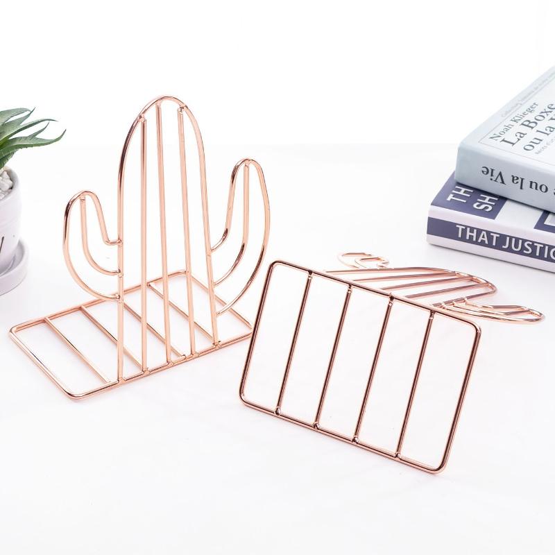 A Pair of Cactus-shaped Nordic-style Rose Gold Iron Bookends Creative Metal Telescopic Bookends and Desktop Storage Racks
