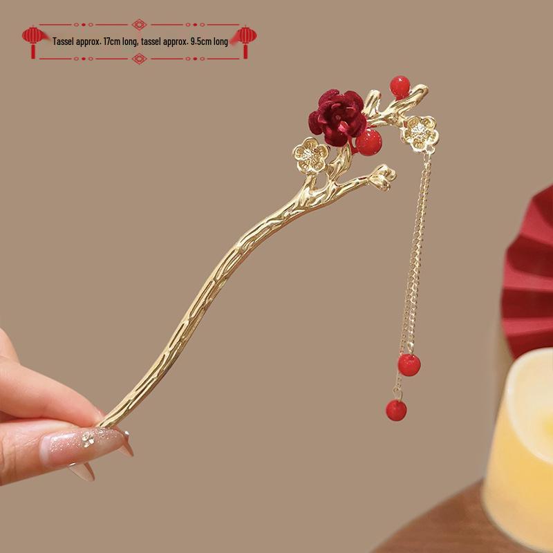 Elegant Red Rose Tassel Hairpin - U-shaped Hair Accessory for Women, Perfect for Updos and Traditional Attire.