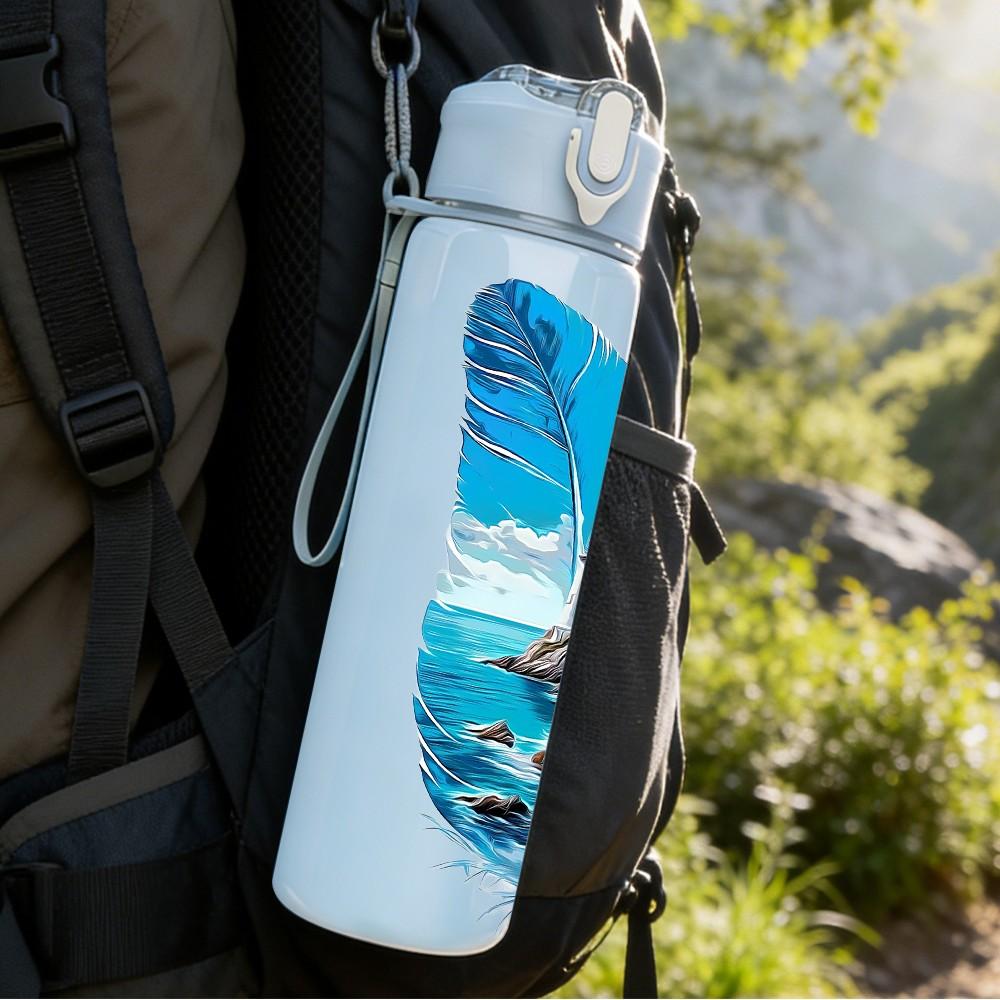 1PC Feather Scenery Painting 750ml Color Plastic Sports Water Bottle Leakproof Flip Straw Lid Suitable for Sports Office Home Use