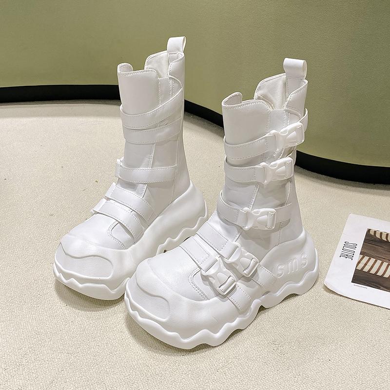 Fashion Women Chunky Mid-Calf Boots New Autumn Leather High Platform Round Toe Ladies Shoes Punk Buckle Motorcycle Boots Winter Sneakers