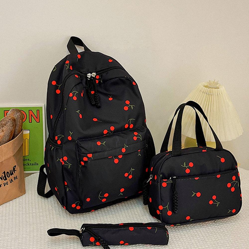 

3Pcs/Set Oxford Cloth Cherry Backpack Large Capacity Adjustable School Bag Preppy Style with Lunch Bag & Pencil Case чёрный