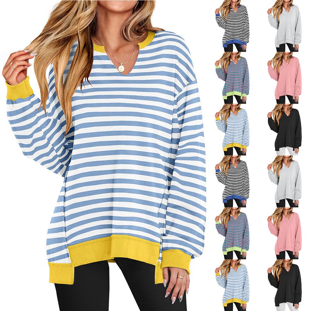 Women's Loose And Comfortable Striped Printed V-neck Loose Sportswear Sweatshirt