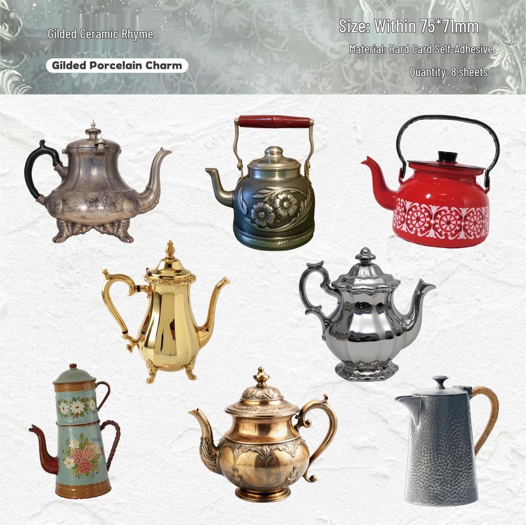 Teapot Series Retro Journal Sticker Pack - 8 Hard Card Sheets for DIY & Decoration