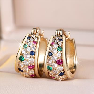 Small Round Stone Rainbow Zircon U Shaped Hoop Earrings For Women Vintage Gold Color Ear Buckle Wedding Jewelry Engagement Gifts