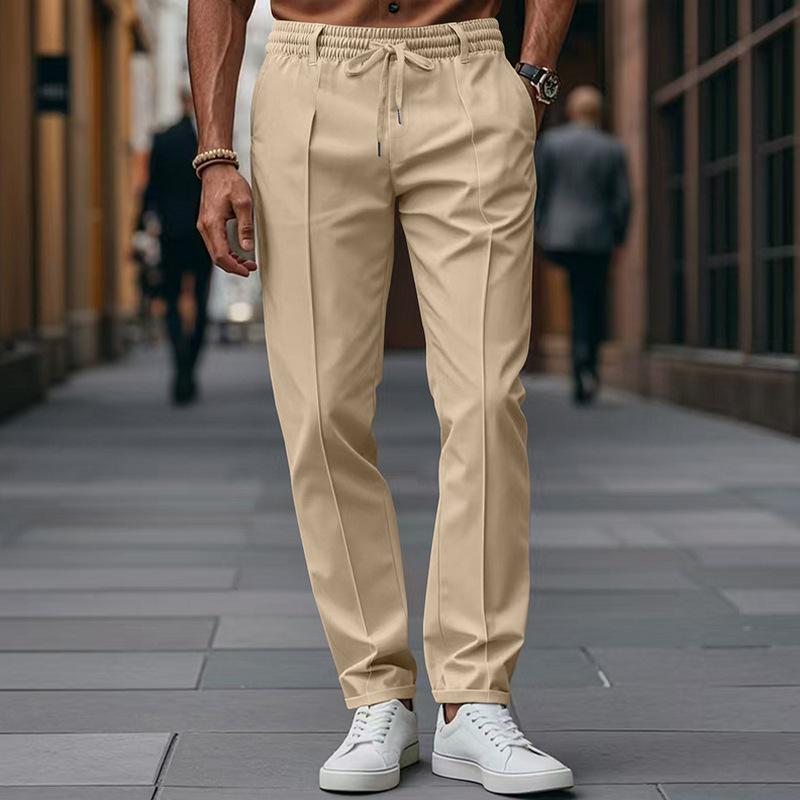 American Style Men's Casual Slim Fit Tapered Pants - Autumn/Winter Solid Color with Drawstring