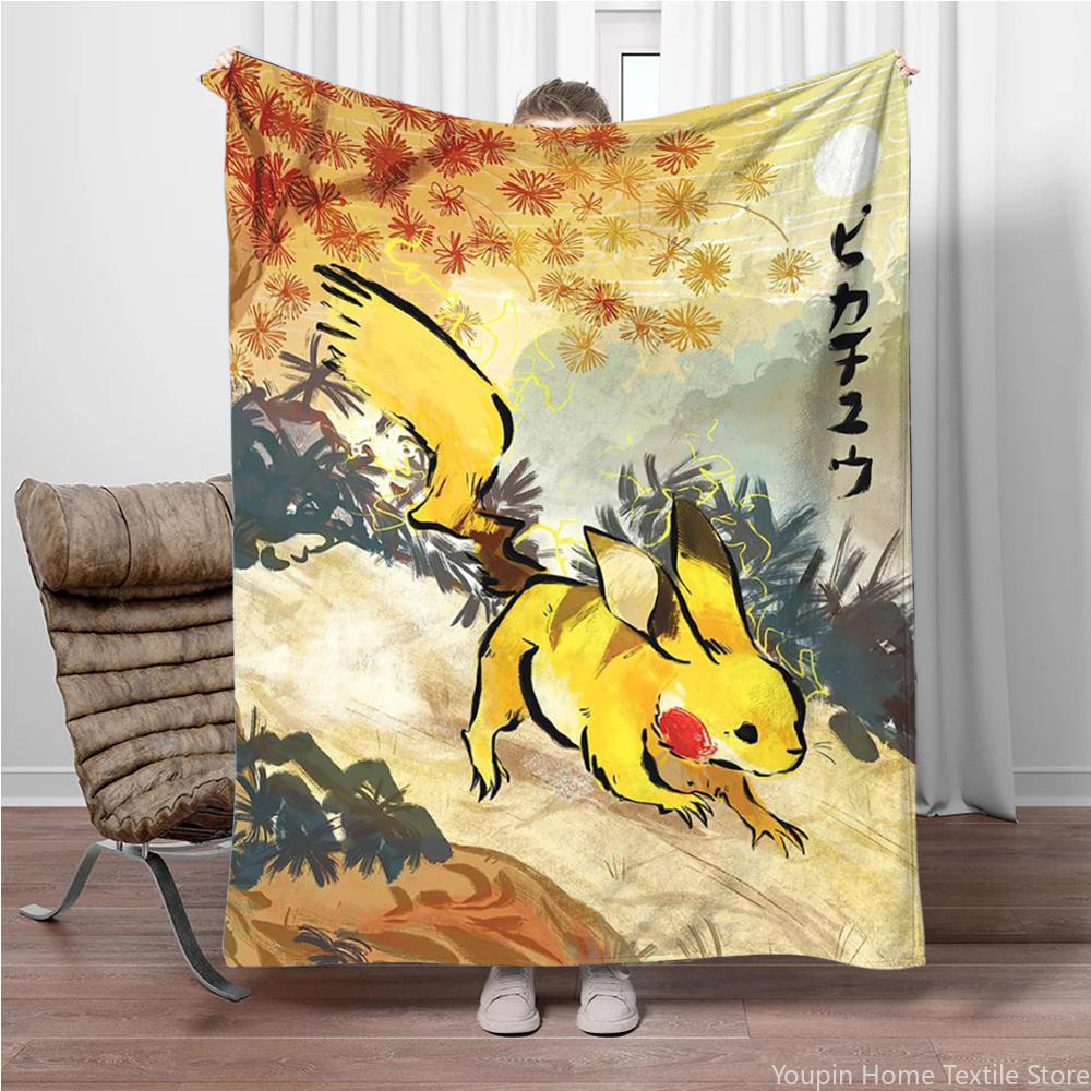 Pokemon Cartoon Retro Charizard Anime Flannel Blanket Pikachu Figures Home Sofa Lunch Break Blankets Children Student Kids Gifts