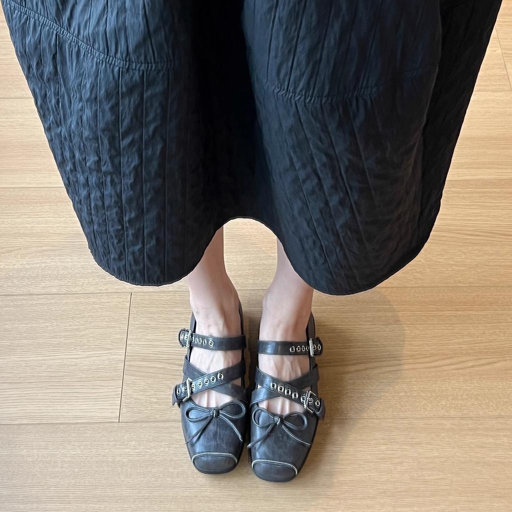 Super Soft Leather Bow Square Head Shallow Mouth Ballet Single Shoes Women's 2025 Summer French Retro Cross Buckle Belt Mary Jane Shoes