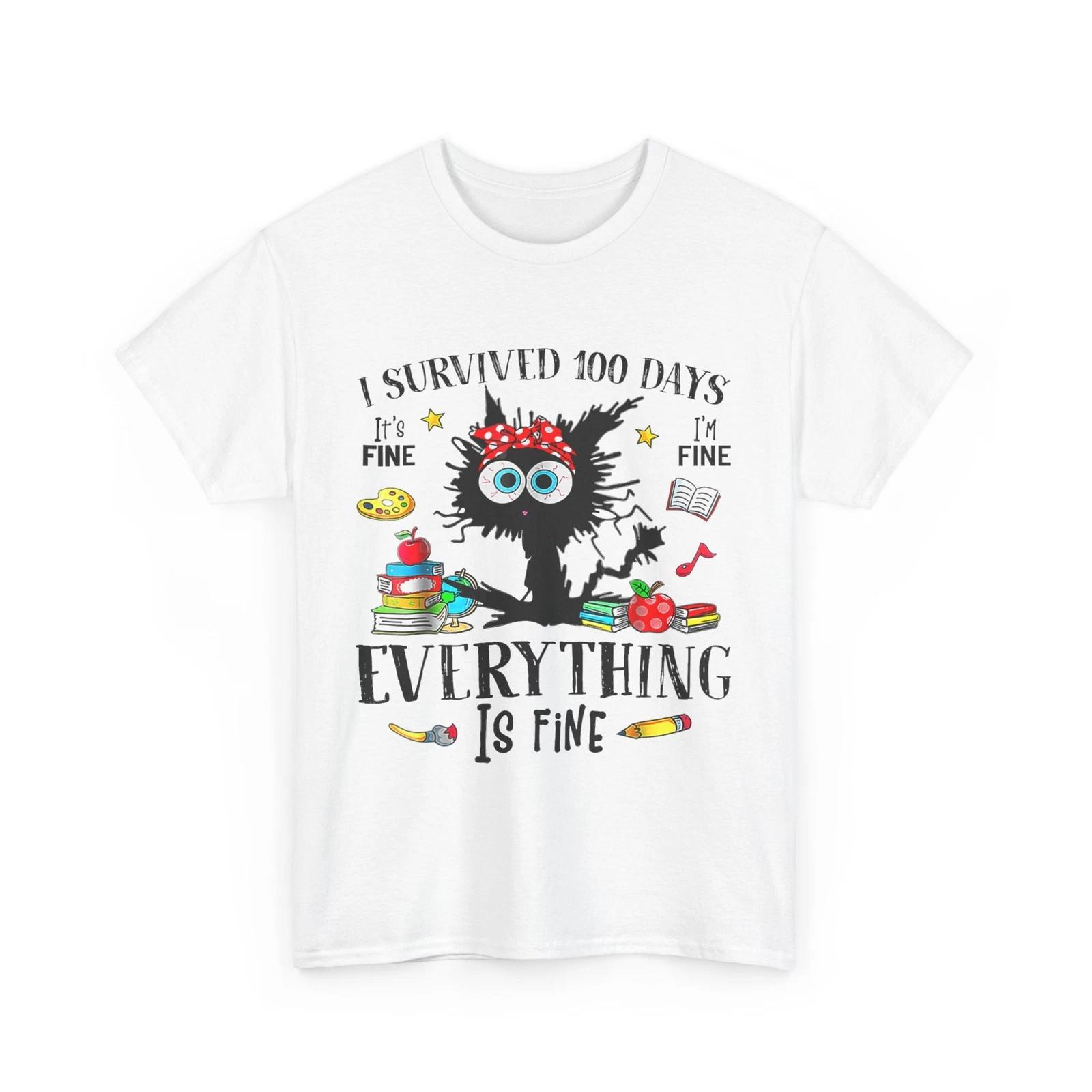

I Survived 100 Days Of School Teacher & Kids Funny Cat T-Shirt 110