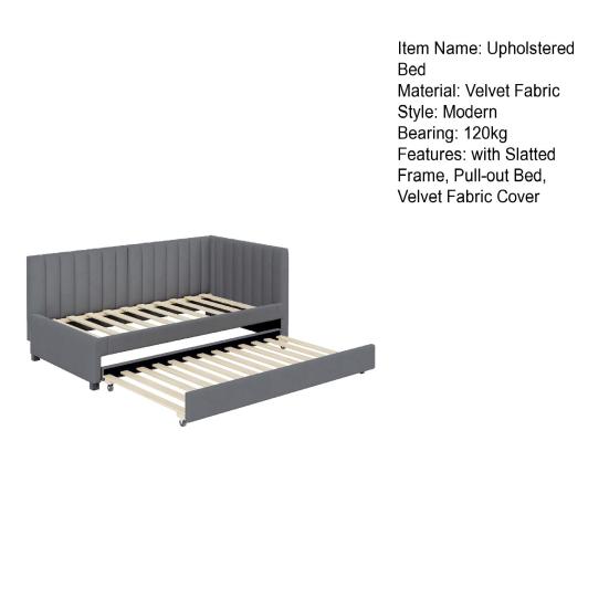 90x200cm Velvet Fabric Upholstered Bed with Pull-out Bed Headboard Line Texture Strong Wood Slat Support Bed Home Furniture, Grey