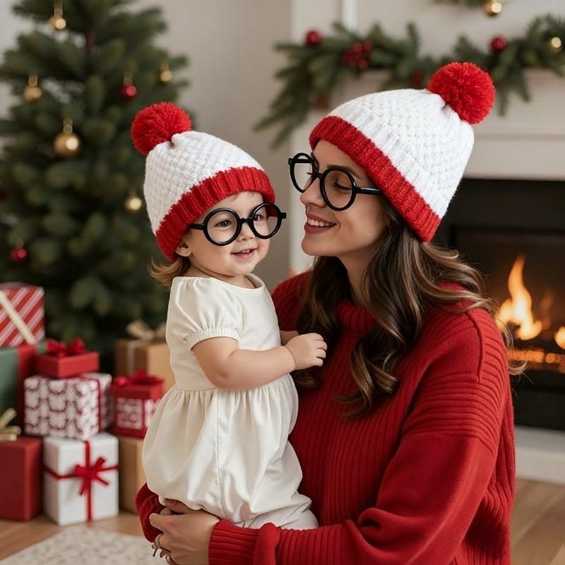 2pcs Red Fleece White Beanie Hat with Fleece Pom,winter Warmth Suitable for New Year,Christmas,Holiday Accessories Decorations
