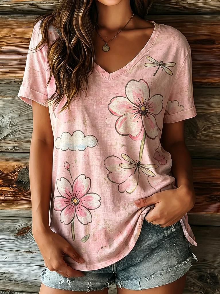 Women's V-Neck Beige Sunflower Rainbow & Hearts Print Short Sleeve T-Shirt, Casual Tops for Spring & Summer