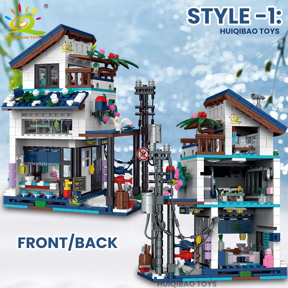 City Street View Seaside 3in1 Holiday Villa Model Construction Blocks DIY Seaside House Architecture Ornament Bricks Playthings
