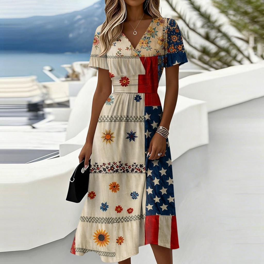 Women's Independence Day Print Casual Fashion Short Sleeve V-Neck Dress