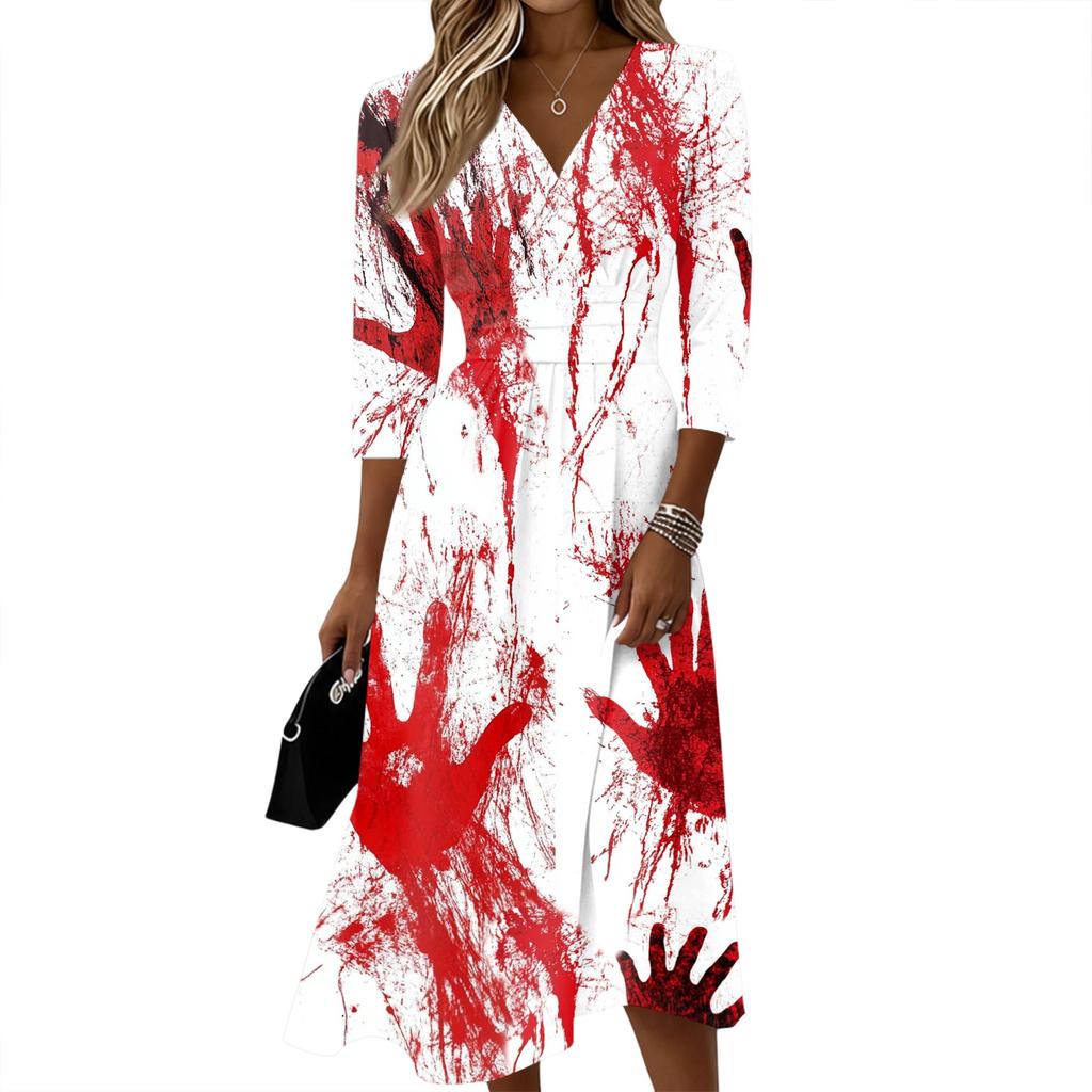 Women’s Casual V Neck Midi Dress with Back Zipper and Handprint Pattern Three Quarter Sleeves Waist Design