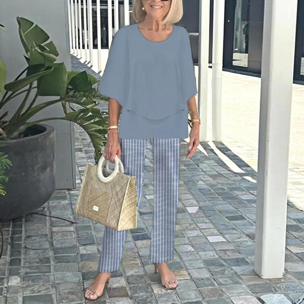 Women's Green Loose Fit Top with Leaf Print Pants Set, Casual Summer Outfit with Straw Bag