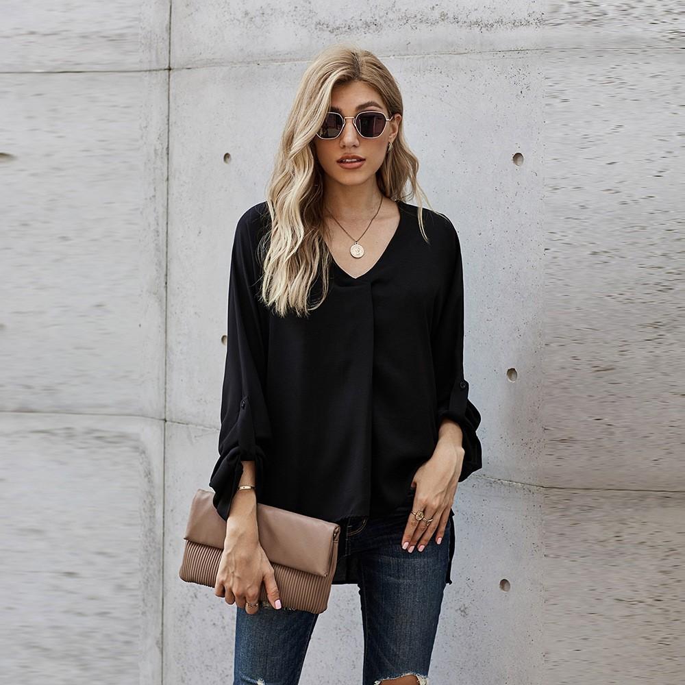 Women's V Neck Three Quarter Sleeve Blouse Loose Fit Office Solid Color High Low Hem Shirt Casual Work Top For Autumn Daily Wear