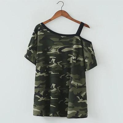 2024 Summer Women's Camouflage One-Shoulder Slim Fit Loose Short-Sleeve T-shirt