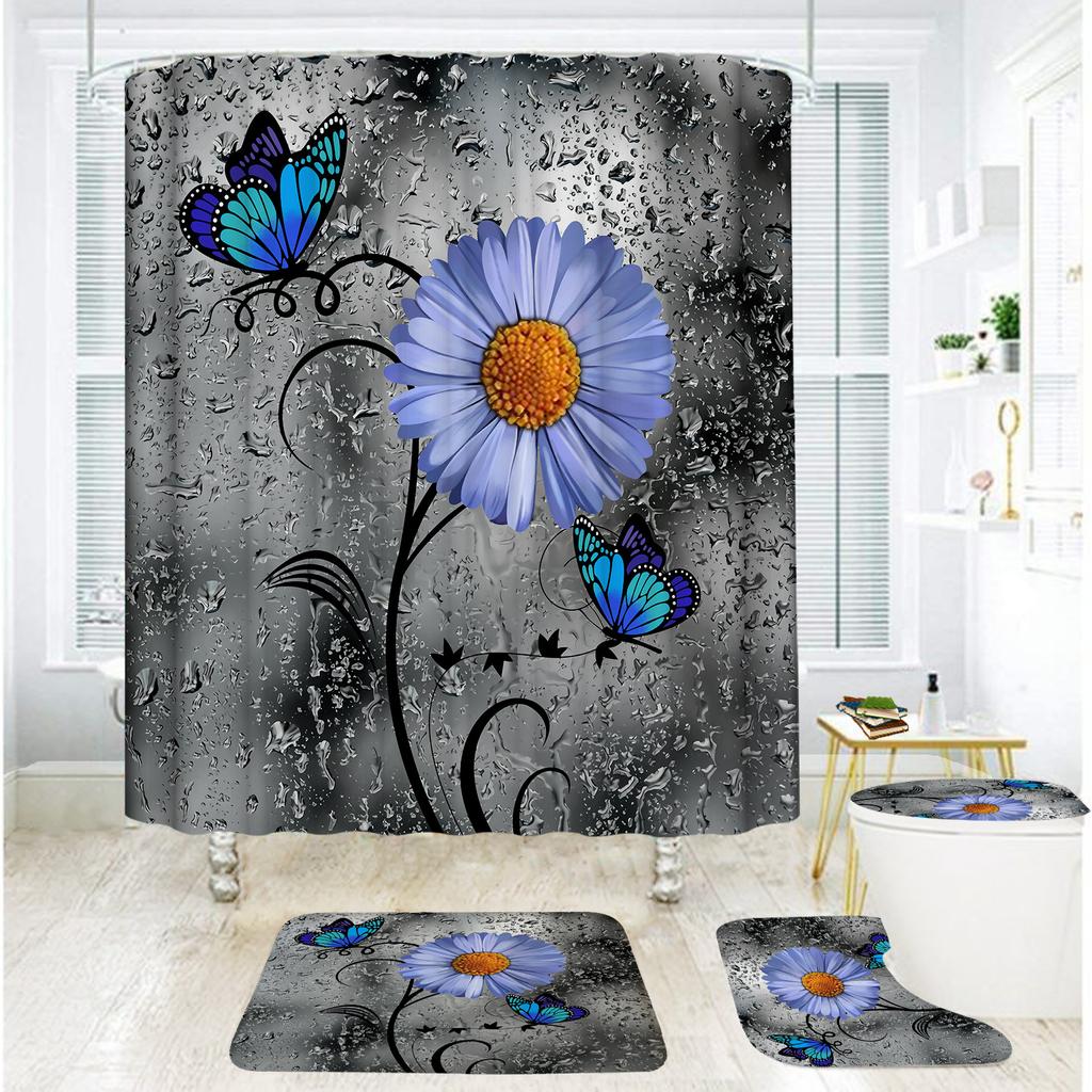 Badezimmer Duschvorhang Vierteilig Digitaldruck Holzmaserung Chrysanthemenpflanze Wasserdichter Duschvorhang Duschvorhang Trennvorhang
